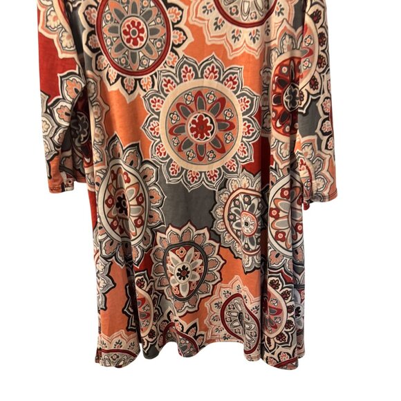 Boho-Chic 3/4 Sleeve Tunic Top By Hershe Sz L L Soft Mandala Print Orange & Gray - Picture 6 of 11